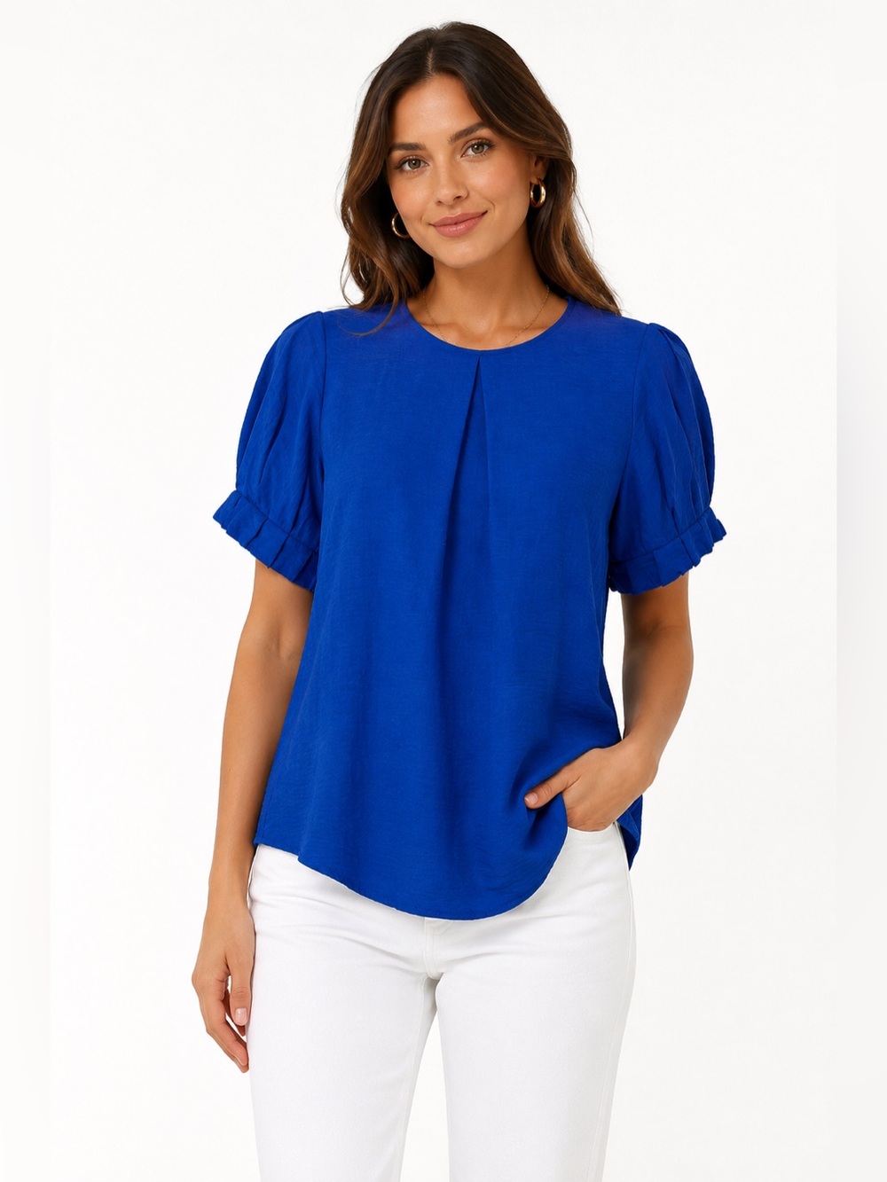DKNY Royal Blue Pleated Blouse NWT XS Elegant Short Sleeve Keyhole Back  Top